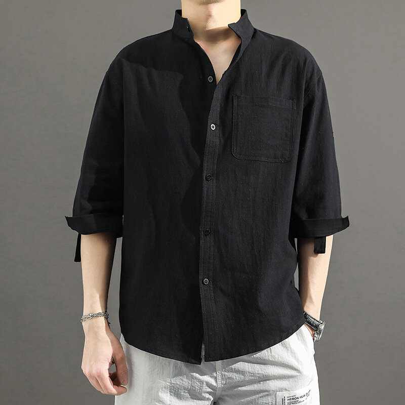 Lucklesam-メンズリネンコットンシャツ,カジュアル,通気性,半袖,スタンドカラー,ポケット