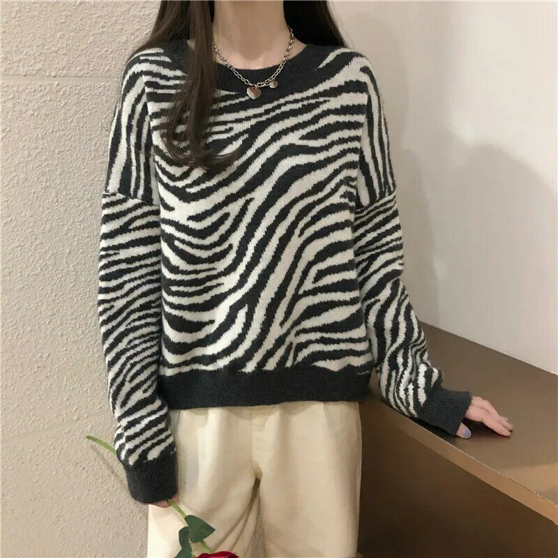 Zebra-Stripe ผู้หญิงถัก Pullover Retro Chic เสื้อ O คอฤดูใบไม้ร่วงฤดูหนาวหลวมขายส่ง2022 Lady Casual streetwear