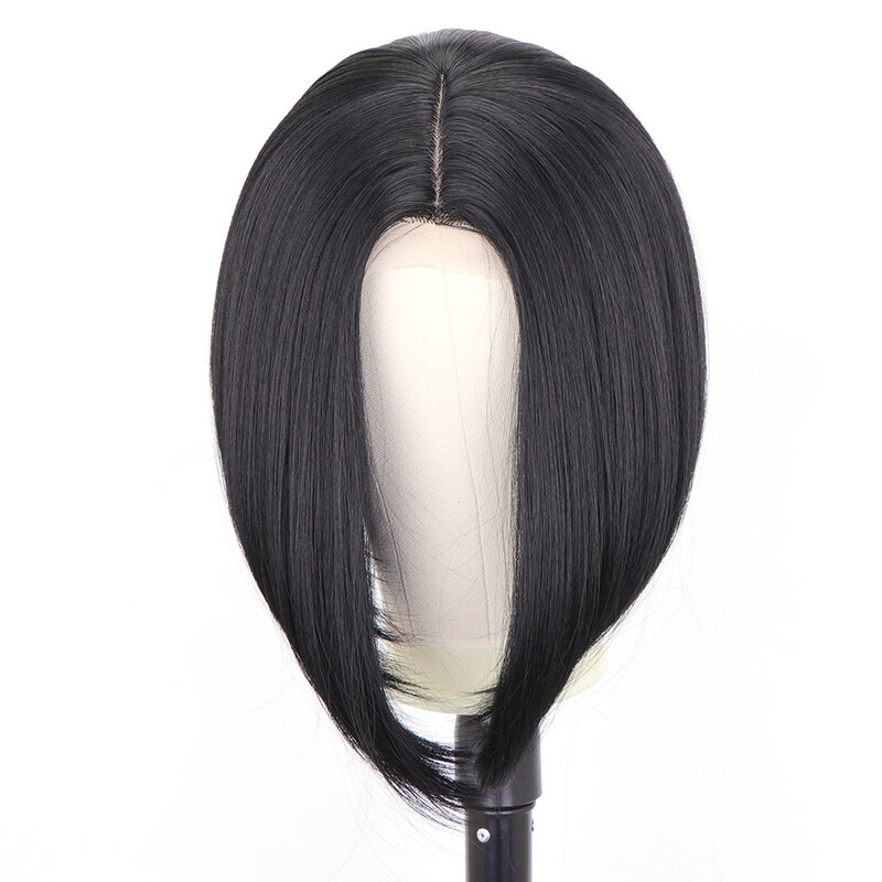 JUNSI-짧은 중간 부분 밥 가발 흑인 여성용 작은 영역 레이스 브라운 내열성 섬유 데일리 사용 머리카락