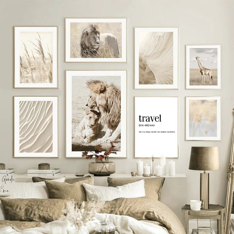 Pintura en lienzo de jirafa, leones, caña, hierba del desierto, arte de pared, carteles nórdicos e impresiones, imágenes de pared para decoración de sala de estar