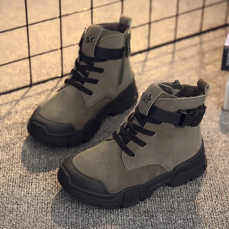 2020 Winter New Kids Ankle Boots Fashion Vintage Leather Boys Boots For Children Martin Shoes Waterproof Girls Snow Boots Warm
