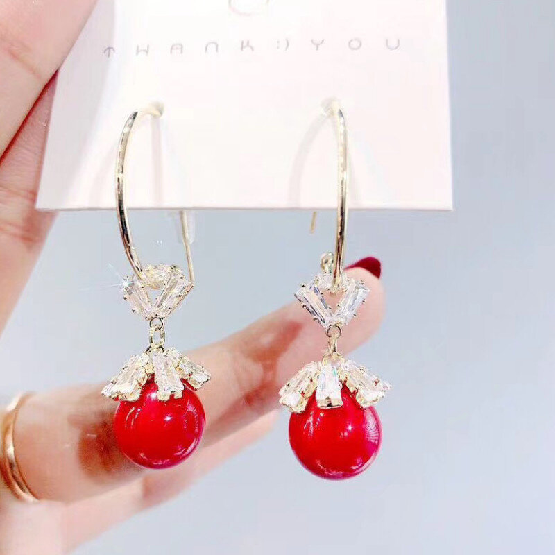 여성 주얼리 크리에이티브 925 실버 바늘 붉은 꽃잎 진주 스터드 귀걸이 생일 선물