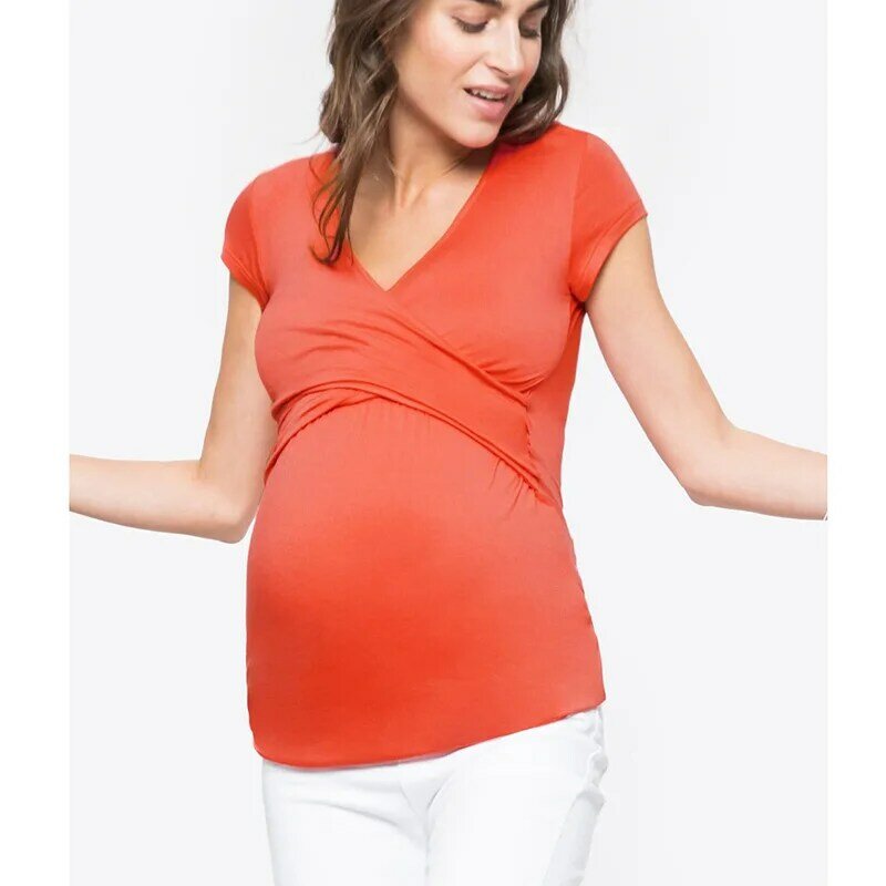 2020 nova maternidade camiseta mulheres grávidas enfermagem topos outono com decote em v manga curta cruz sólida gravidez amamentação camisas