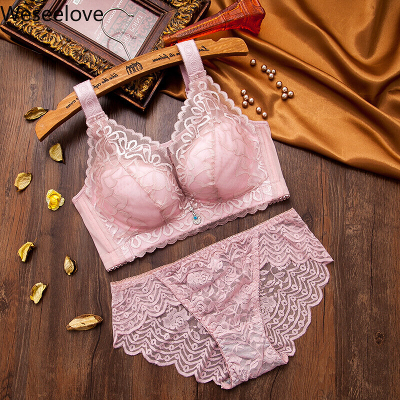 Weseelove Underwear Set Female Lingerie Sexy Lace Adjustable Bra Set Active Thin Plus Size Push Up Bra Set Bra Without Bones M26