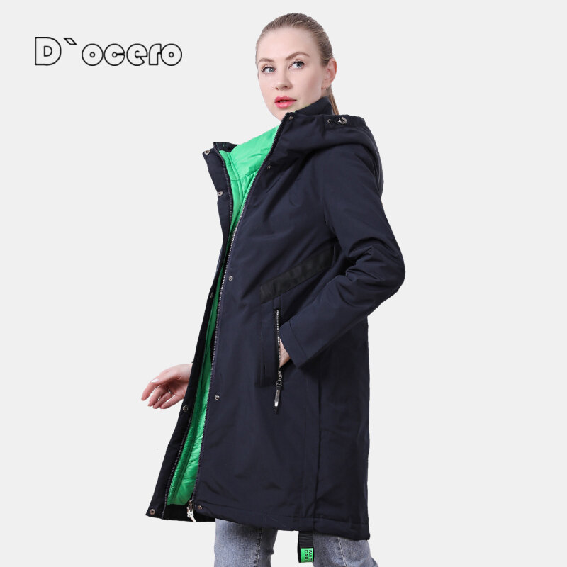 D'OCERO 2021 nuova giacca primaverile per donna Plus Size parka femminile lungo impermeabile cappotto autunnale caldo capispalla con cappuccio moda