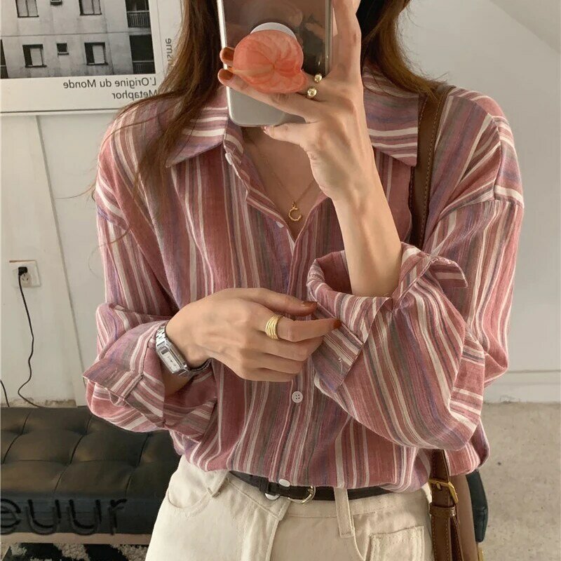 Camisas de oficina a rayas para mujer, blusa informal de manga larga con botones, cuello vuelto, costura de Color, Otoño, 2021