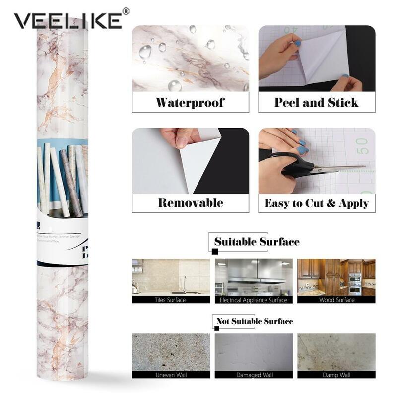 ไวนิล Self Adhesive Wallpaper วอลล์เปเปอร์ PVC หินอ่อนกันน้ำกระดาษติดต่อกระดาษฟิล์มตกแต่งตู้ครัวเคาน์เตอร...
