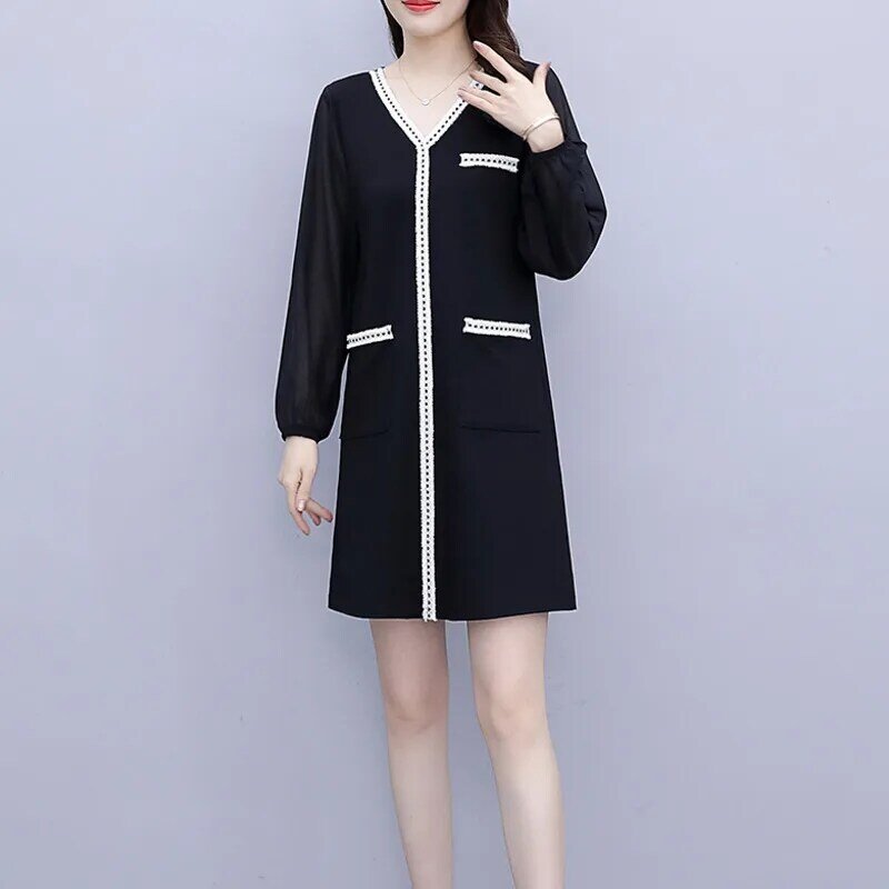Plus size roupas com decote em v vestido feminino 2021 primavera moda estilo coreano chiffon manga comprida bolsos solto preto vestidos feminino