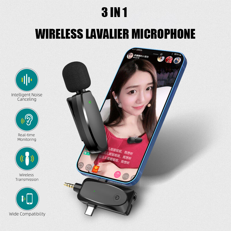 Microfono Lavalier Wireless 3 in 1 con funzione Monitor Audio 120m Range Vlog Youtube Mic per fotocamera per Computer Android Iphone