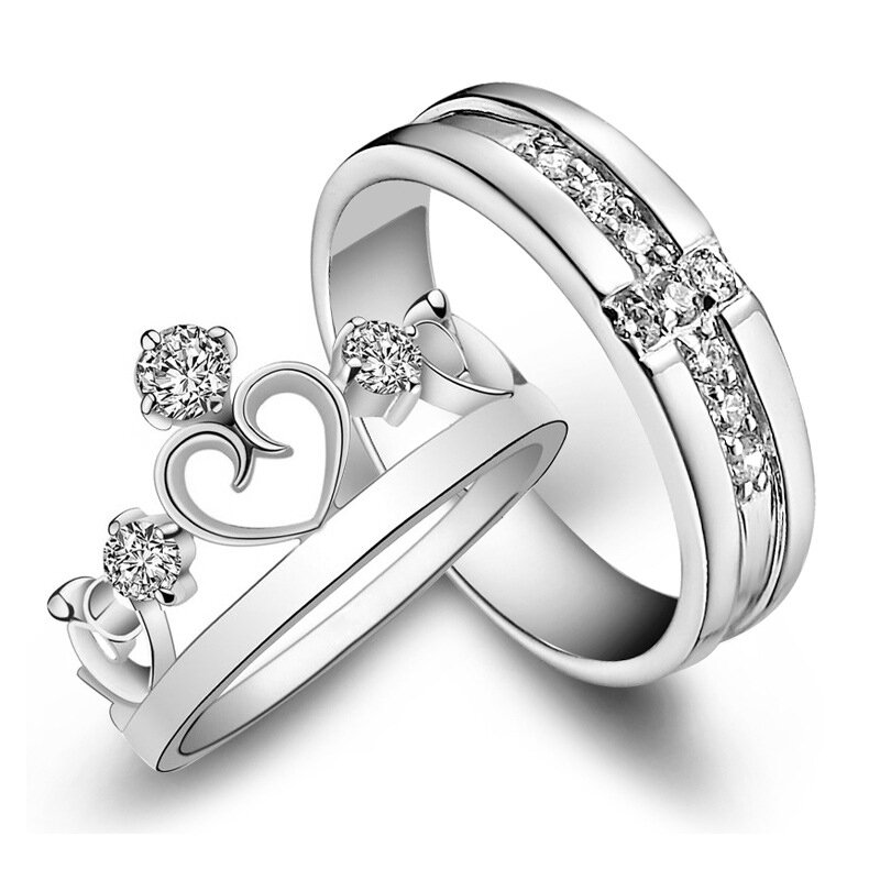 S925 1 Pasang Cincin Pasangan Kristal Mahkota untuk Wanita dan Pria Cincin Pembukaan Perak Pernikahan Cincin Tunangan Dapat Disesuaikan untuk Anak Laki-laki Perempuan