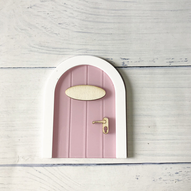 Mini porta delle fate fatta a mano con simpatico foro per Mouse rosa, porta in legno in miniatura con bunting e cartello personalizzato