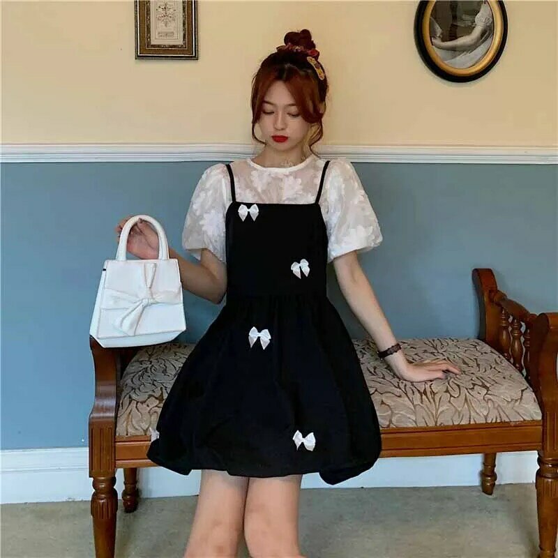 Japanese Hepburn Skirt bow Dress women French Square Collar Balck Dress 2021 Fashion  Korean Style Short Sleeve Dresses Summer