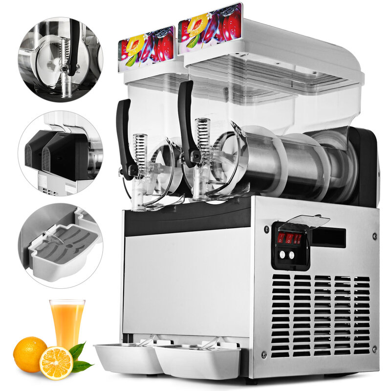 VEVOR maszyna do napojów z kruszonym lodem 2 x15L Smoothie błocie pośniegowym ekspres do kawy 2 cylindra śnieg zbiornik do topienia Ice-Cool sok dozowania handlowych