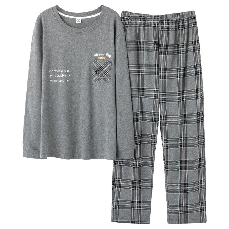 Pijamas masculinos outono e inverno puro algodão manga comprida calças novas em torno do pescoço simples lazer casa roupas grandes externamente
