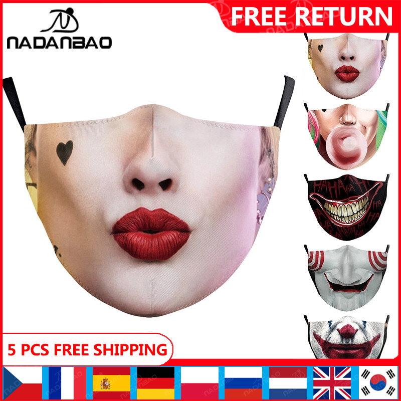 NADANBAO Quinn Joker Printed Masks Adult Washable Fabric Mask V For Vendetta Skull Reusable Masks Fashion Face Cover Grimace