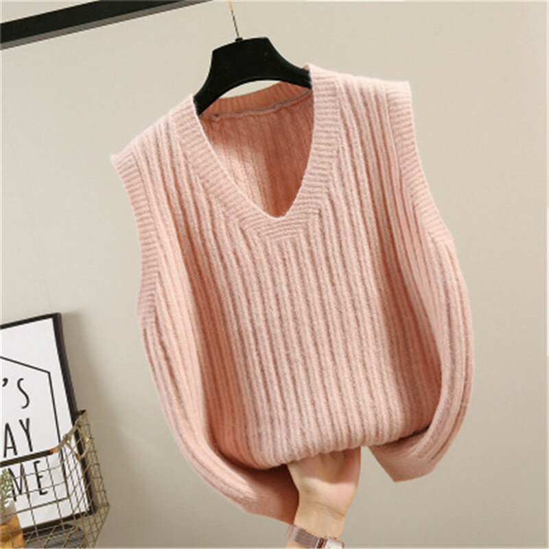 2021 Korean Pullover V-neck Knitted Vest Solid Sleeveless Sweater Spring Autumn Loose Waistcoat