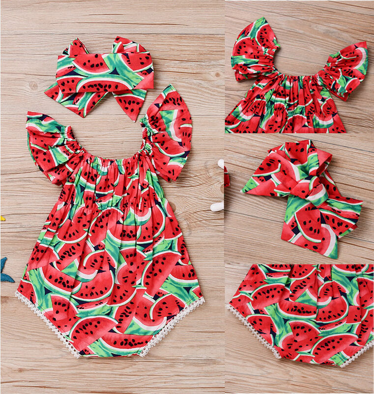 2020 Pasgeboren Baby Meisjes Watermeloen Print Kleding Ruches Mouwen Bodysuit + Hoofdband 2 Stuks Outfits