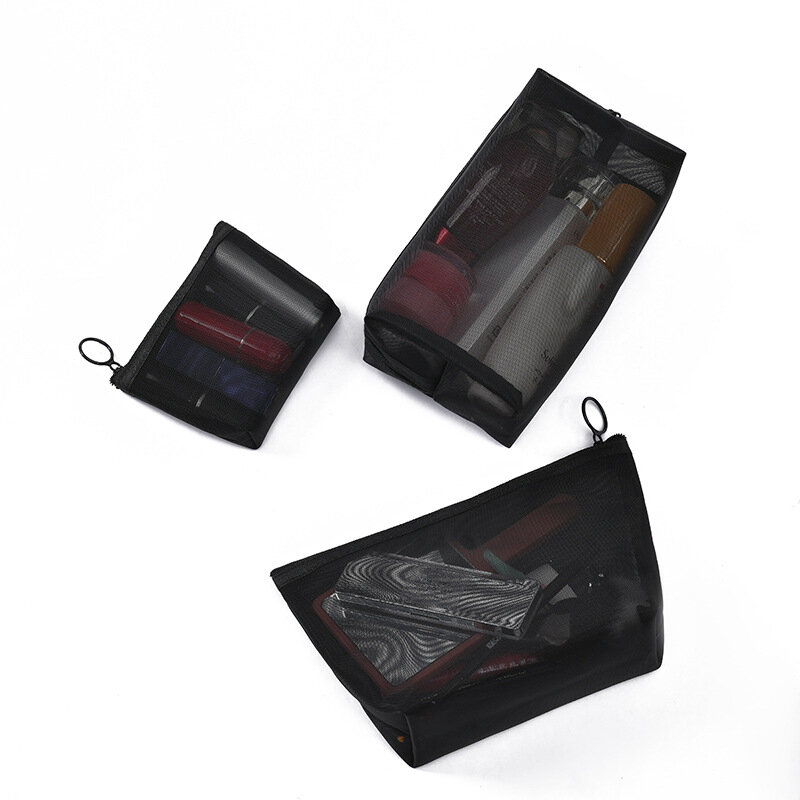 Borsa cosmetica a rete trasparente nera borsa portaoggetti a tre pezzi di grande capacità borsa per lavaggio a rete borsa da viaggio borsa per trucco