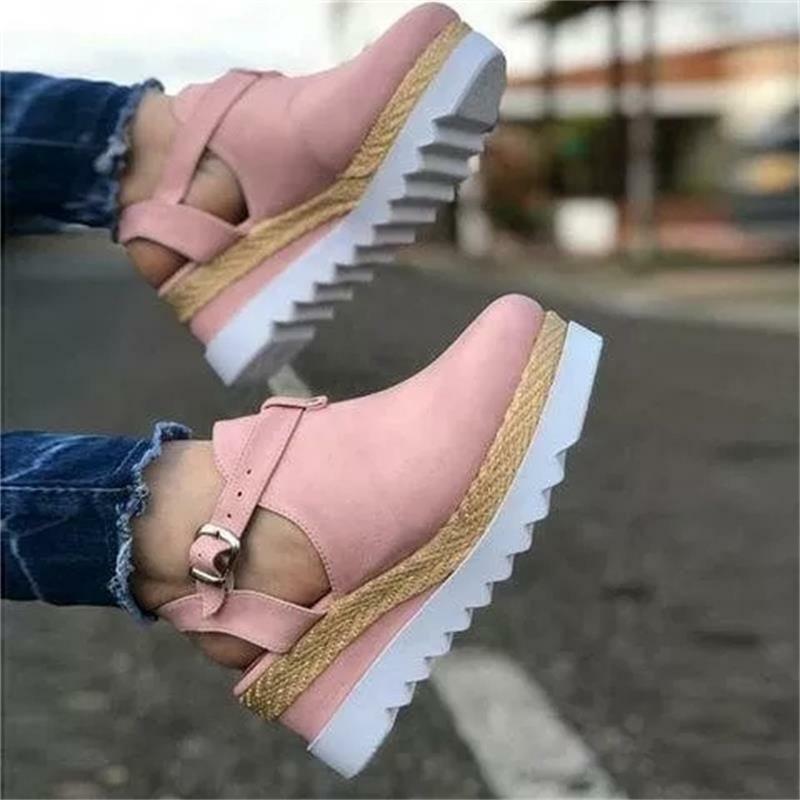 2021 New Women's Shoes Solid Color Imitation Suede Simple Buckle Round Toe Wedges Fashion Casual Summer Sandals 1KB076