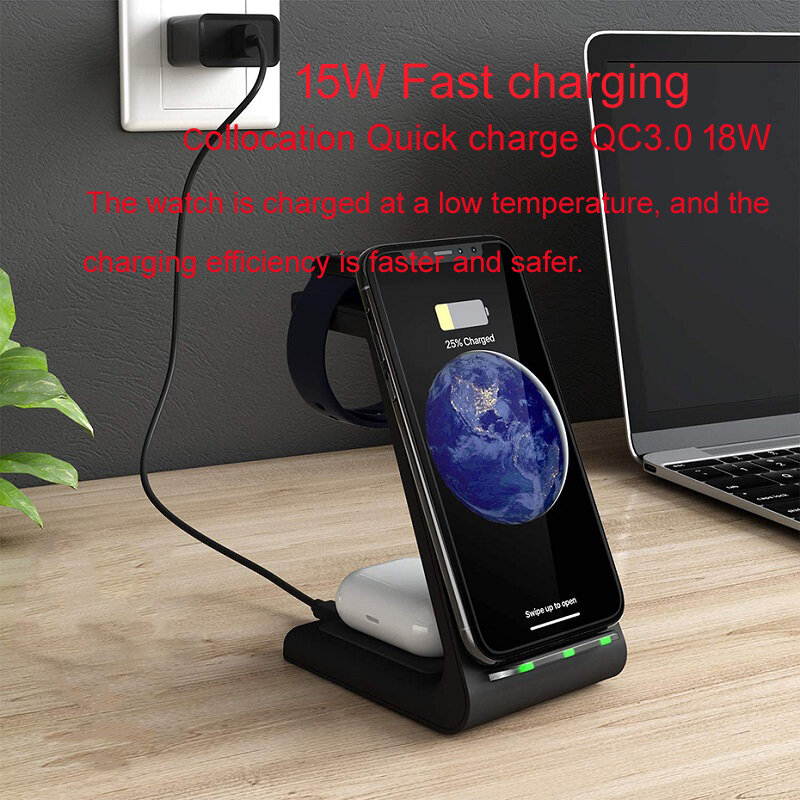 Support de chargeur rapide sans fil Qi 3 en 1 15W pour Iphone12 11 X XS Max Mini Airpods Pro Apple Watch6 5 4 3 2 Station d'accueil Pad