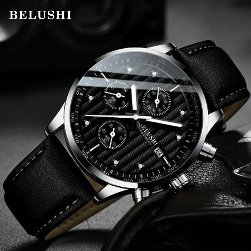 Часы Belushi Мужские кварцевые, спортивные повседневные наручные, в стиле милитари, с датой, с кожаным ремешком, водонепроницаемость 30 м