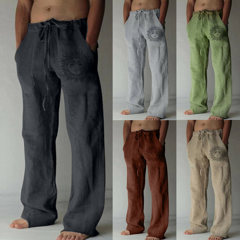 62# Summer New Vintage Men's Cotton Linen Oversized Jogger Trousers Hip Hop Sun Print Male Plus Size Loose Wide Leg Pants Men