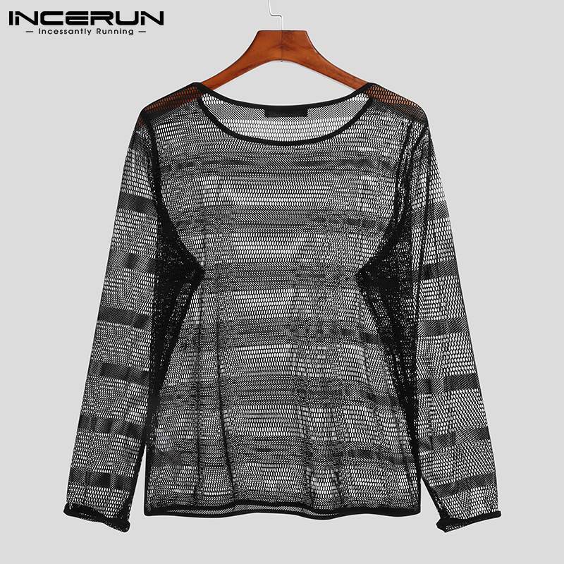 INCERUN Tops 2021 Fashion Men Camiseta Casual Streetwear Party Nightclub Male Striped Breathable Mesh Long-sleeved T-shirt S-5XL