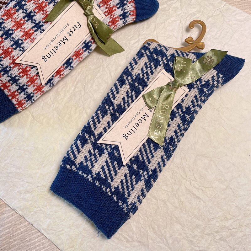 Herbst Und Winter Doppel Nadel Socken Weibliche Baumwolle Japanischen College Stil Blau Plaid Rohr Socken Ins Flut Baumwolle Socken