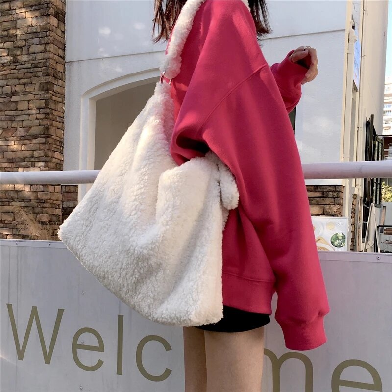 캐주얼 Lambswool 여성 숄더 가방 디자이너 대용량 봉제 호보 핸드백 럭셔리 가짜 모피 Crossbody 가방 토트 큰 지갑