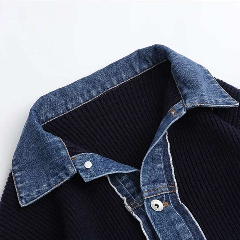 Cardigan tricoté en Denim à simple boutonnage pour femme, pull ample et polyvalent à manches longues, avec Patchwork, collection automne 2021