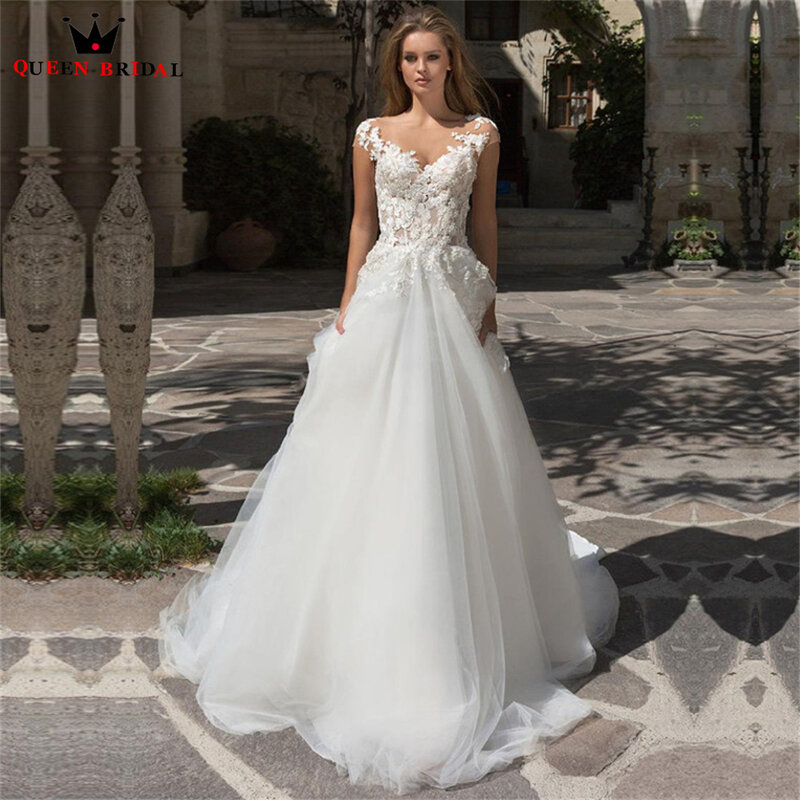 Linha a vestidos de casamento até o chão tule rendas apliques frisado luxo vestido de noiva 2022 novo design feito sob encomenda ds61