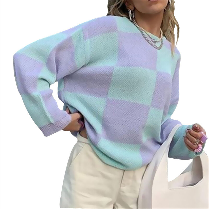 Sweter Kasual Wanita Musim Gugur Musim Dingin 2021 Atasan Rajutan Longgar Leher-o Kotak-kotak Warna Ganda Wanita Pakaian Rajut Lengan Panjang