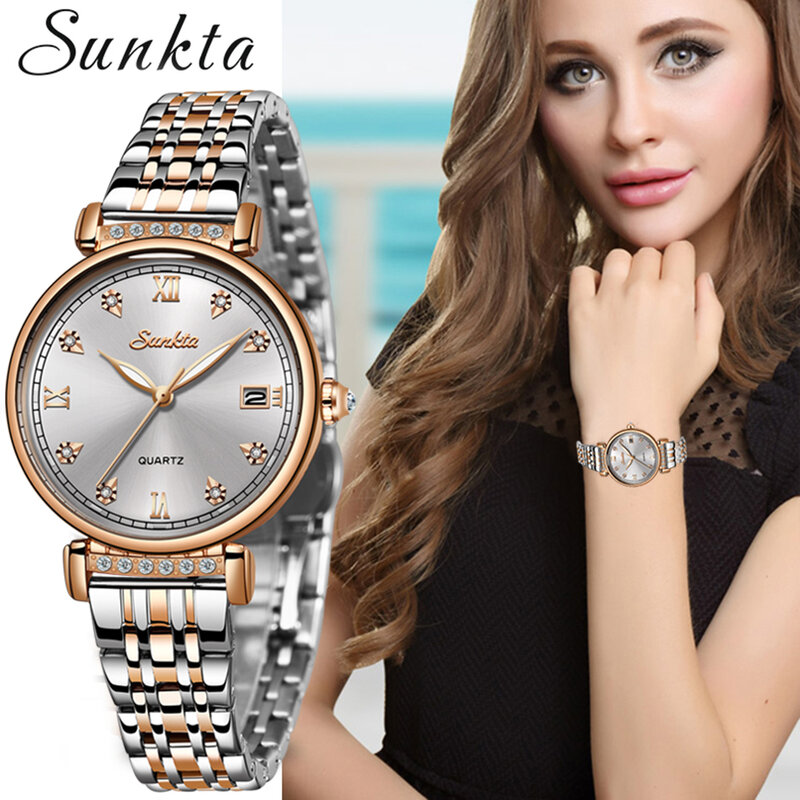 Sunkta, novo relógio de pulso feminino de ouro rosa, relógio de quartzo para mulheres, relógio de marca de luxo, relógio de pulso para meninas