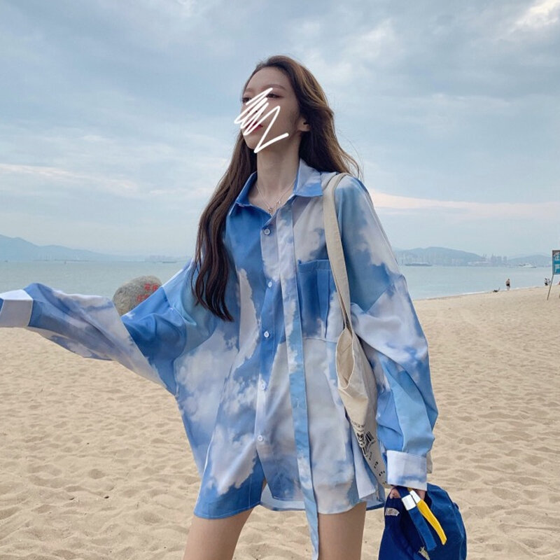 Tie-dye long-sleeved shirt female design sense niche autumn 2020 new Korean version mid-length drape sunscreen top thin