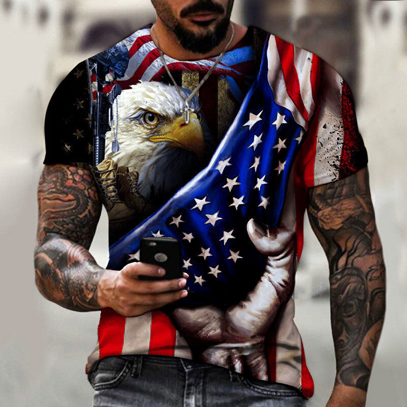Camiseta con estampado 3D de bandera americana para hombre, ropa informal a la moda, redonda, holgada, de gran tamaño, ropa de calle de marca, TOPs de verano