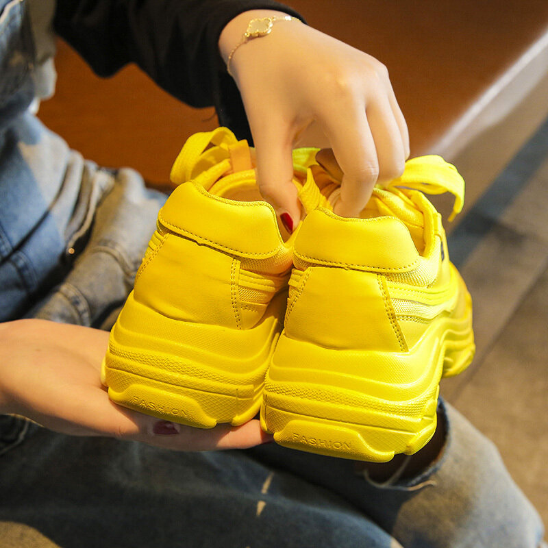 Breathable รองเท้าผ้าใบแฟชั่นรองเท้าฤดูร้อนรองเท้าตาข่ายรองเท้าผู้หญิงสบายๆสีเหลืองสบายๆหนารอ...