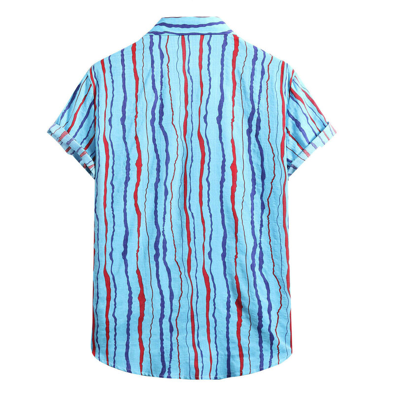 67 # Mannen Mode Katoen Linnen Streep Print Korte Mouwen Button Shirt Blouse Mannen Korte Mouw Tops Losse Mode strand Overhemd