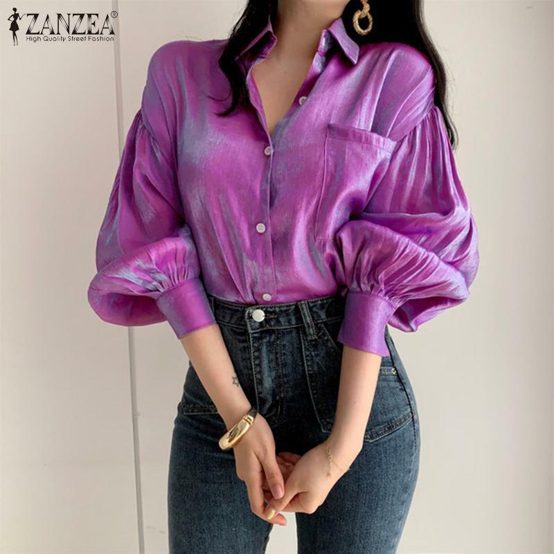 Mulheres 2022 moda brilhante blusa zanzea gradiente cor camisas feminino elegante lapela botão blusa casual puff manga superior oversize