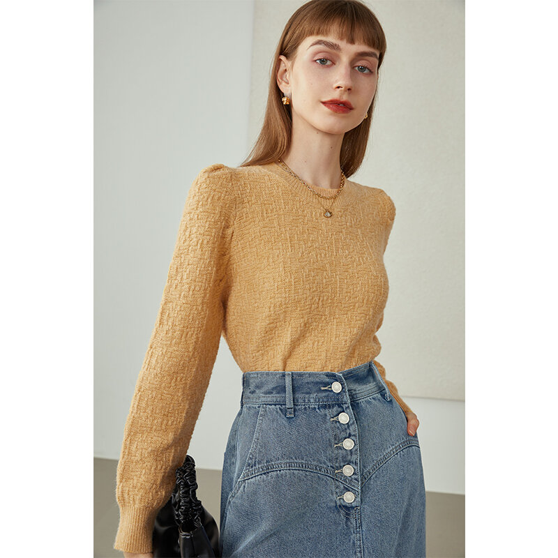 FANSILANEN Women Knitted Sweaters Puff Sleeve Solid Color Sweater Fall 2021 Women Clothing Round Neck Tops Long Sleeve Pullovers