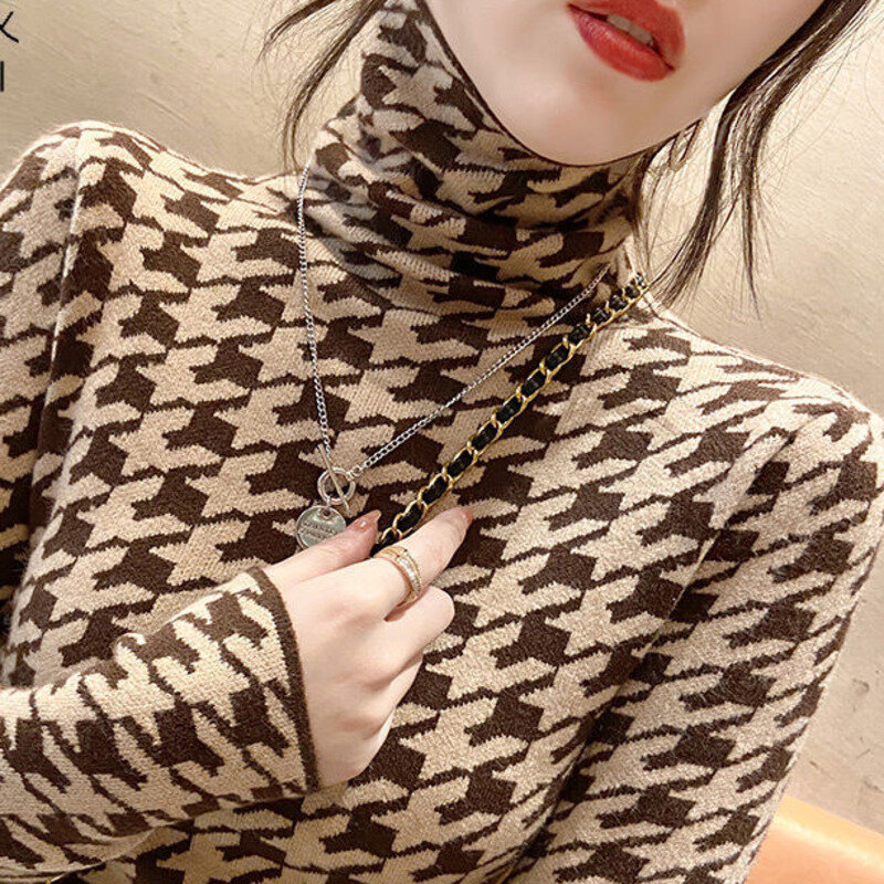 Plaid Pull Houndstooth Sq Coltrui Luxe Chic Shirt Trui Winter Trui Vrouwen Jumper Knit Top Slim Koreaanse Stijl