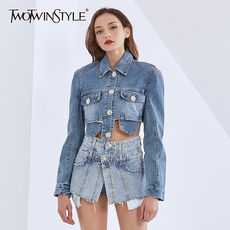 TWOTWINSTYLE Casual Denim Short Tops For Women Lapel Long Sleeve Patchwork Tassel Jacket Female Fashion New Clothing 2020 Tide