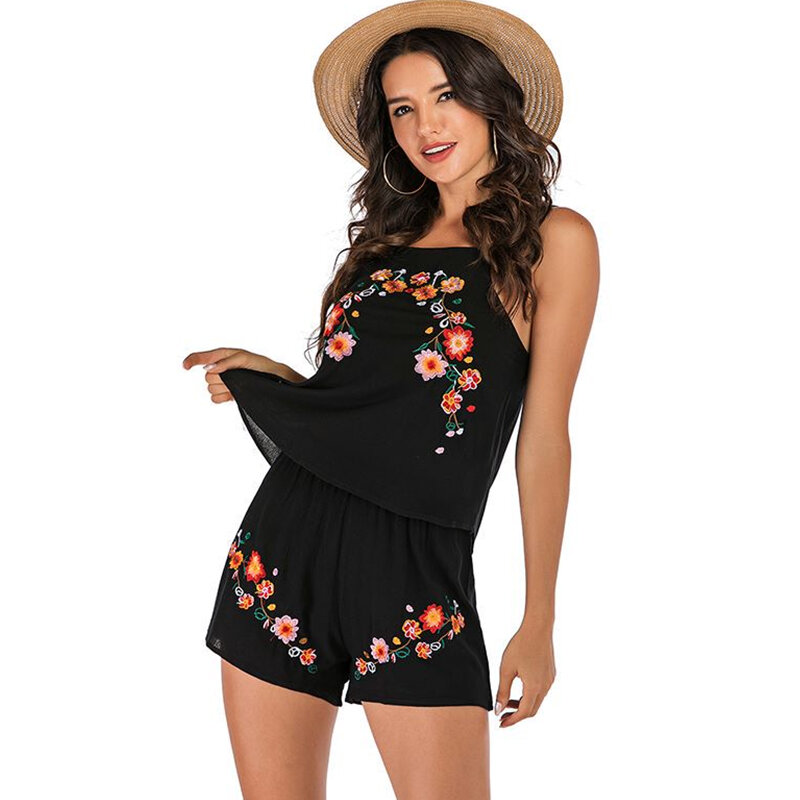Women's Summer Floral Embroidery Sets Suits Sleeveless Crop Tops + Shorts Outfits Set Sport Suit Slim Sexy Clothing Set