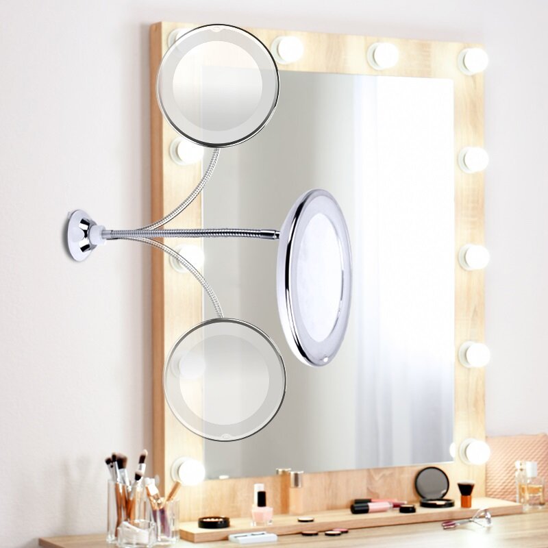 Espelho de barbear giratório flexível, espelho de maquiagem ajustável com lupa de 360 graus 5/10x