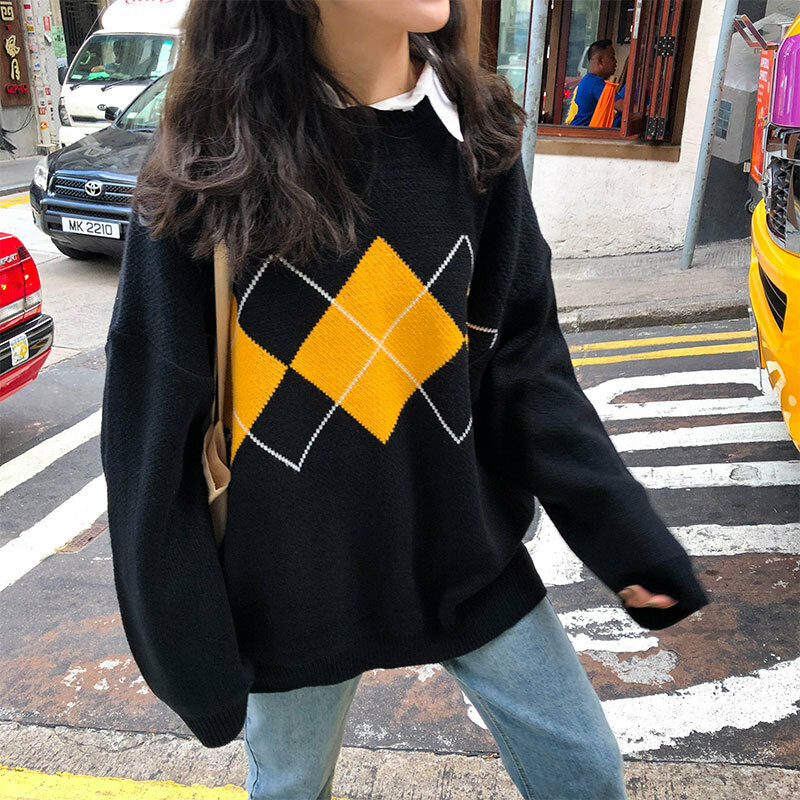 Suéteres de estilo universitario coreano para Mujer, jerseys con patrón geométrico de rombos, suéteres de punto holgados de gran tamaño con cuello redondo, Otoño e Invierno