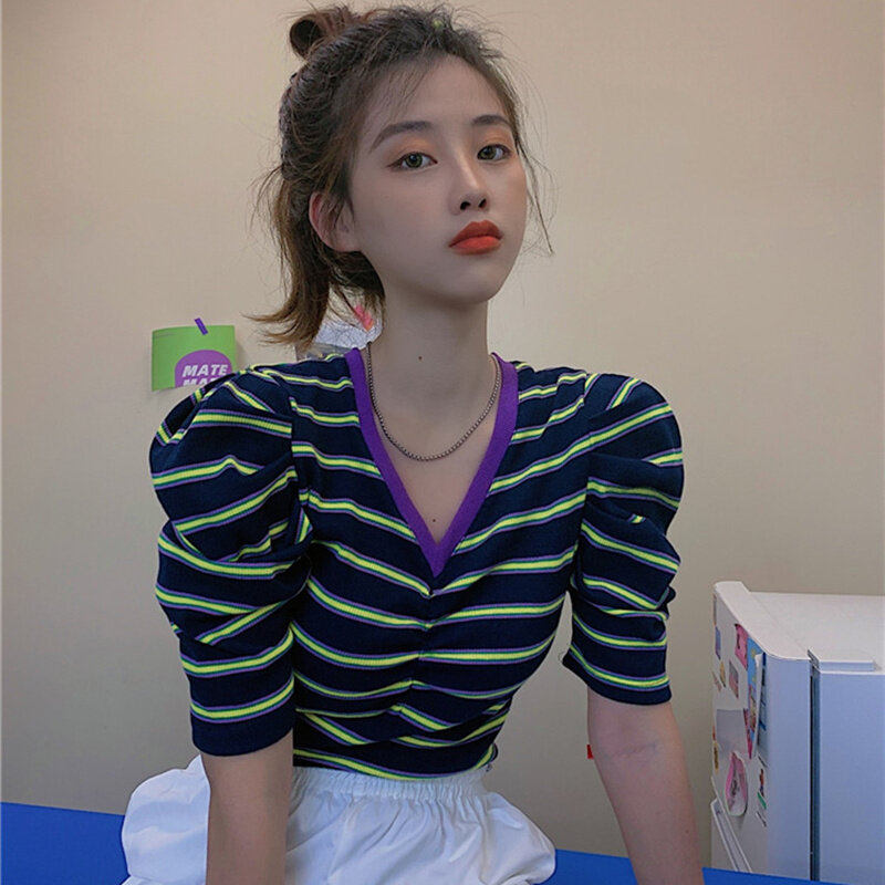 2020 sommer Vintage Design Frauen Tops Pullover Pullover Puff Sleeve Kontrast Striped Süße Mädchen Shirts V-ausschnitt Komfort Kleidung