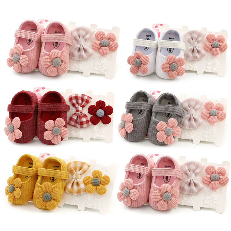 2021 primavera 0-18m bebê recém-nascido meninas meninos berço sapatos flores de algodão gancho macio cortiça sapatos de bebê 6 cores + bandana