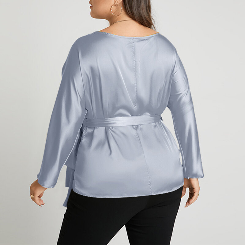 Vonda plus size blusa 2022 outono feminino cor sólida decote em v elegante cetim topos sexy camisas de festa manga longa blusas com cinto 5xl