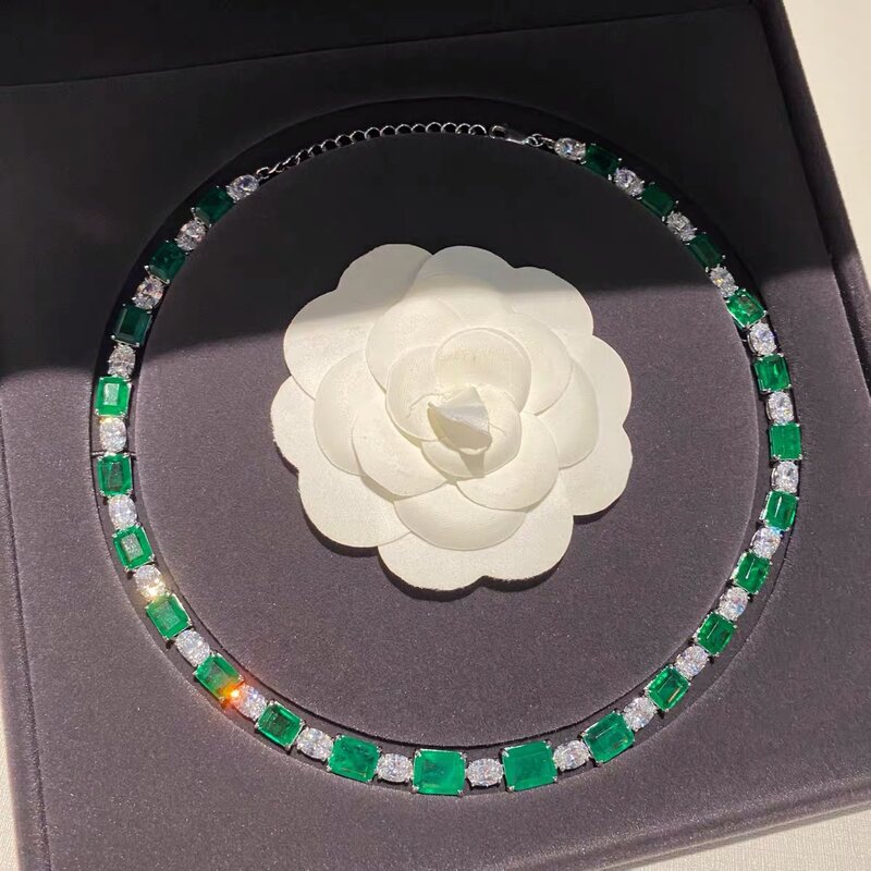 Luxury Created Colombian Emerald Diamond Necklace for Women 925 Sterling Silver Jewelry Statement Choker Necklace Wedding Gift