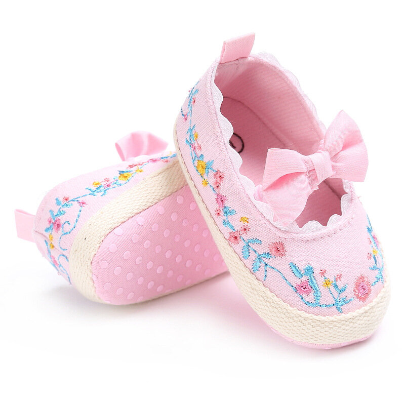 Lazo grande, zapatos para niños pequeños para recién nacidos, bordado Floral, suela suave para bebé, primeros pasos, antideslizante, zapatos para niñas, Prewalker0-18M