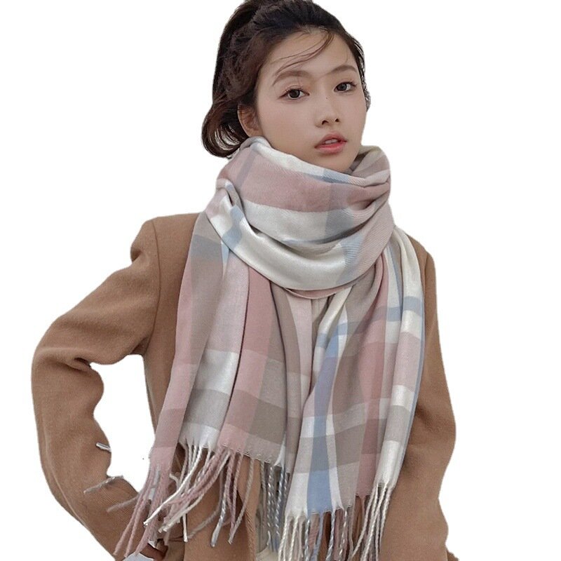 Coreano de luxo novo xadrez mulheres franjas xale atacado imitação cashmere calor inverno grosso bonito moda temperamento longo cachecol